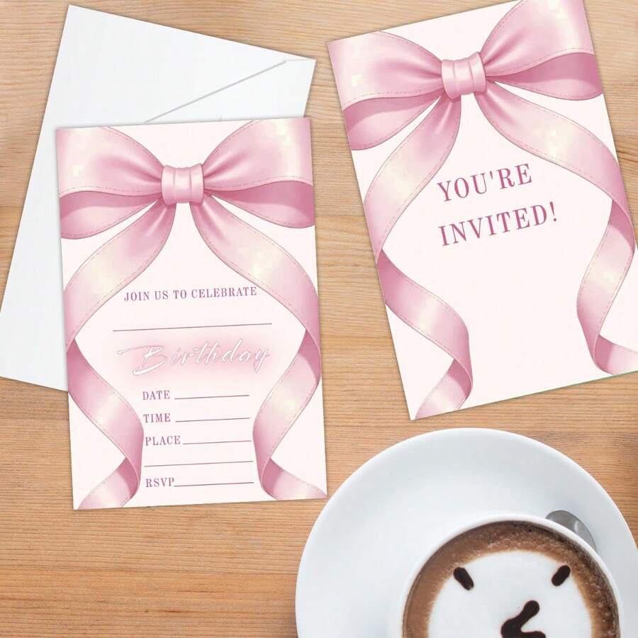 20张粉色蝴蝶结生日派对邀请卡,含信封,粉色蝴蝶图案,丝带印花装饰,适合学生、朋友、家庭成人庆祝活动、生日派对用品 - 彩色 - 查看 1