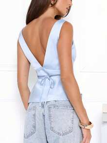 Womens Satin Tank Tops  Sleeveless Deep V Neck Solid Color Tops Slim Fit Shirts - Blue - View 3