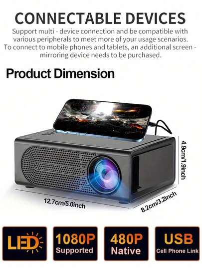 1080P Native Portable Mini Projector - Auto Keystone Correction & Fast Focus 120" Large Screen Projector, Compatible With IPhone/Android/Laptop/TV Stick/USB, Suitable For Home Theater, Bedroom, Office, Outdoor Camping Movie Night (30,000 Hours Lamp Life)