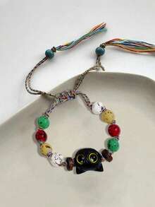 1pc Women's Fashionable Elegant New Chinese Style Versatile Black Cat Woven Tassel Glass Beaded Bracelet, Suitable For Daily Wear - Multicolor - View 3