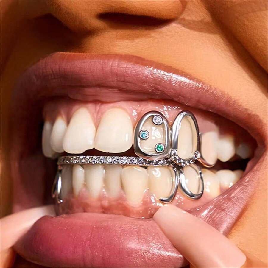 1件铜质微镶嵌氧化锆嘻哈风格牙套，街头时尚牙饰 - 彩色 - 查看 1