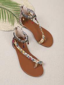 1双舒适波西米亚风编织带串珠流苏人字拖凉鞋 - 棕色 - 查看 7