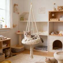 1件套手工编织猫吊床，波西米亚风格悬挂式猫床，带流苏猫抓柱，手工编织猫秋千吊床，纤维艺术猫床，四季皆宜 - 白色 - 查看 2