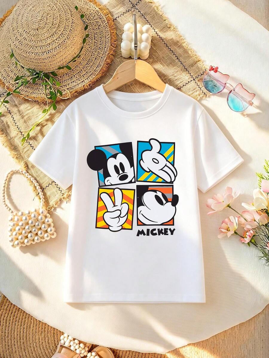 Disney Women's T-Shirt Featuring Mickey Mouse Alphabet Cartoon Print. Soft, Comfortable, And Durable Fabric. Spring/Summer Women's Crew Neck T-Shirt Perfect For Everyday Wear, Shopping, Parties, Travel, And Gatherings. Also Makes An Exquisite Gift. - Blanc - Voir 1