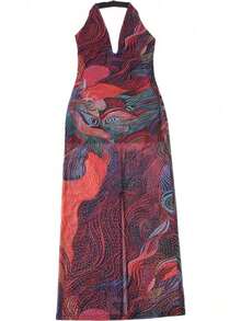 Floral Corset Dress For Women, Fashionable And Elegant V-Neck Sleeveless Draped Back Backless Fitted Dress, Holiday Travel And Vacation Attire - 彩色 - 查看 10