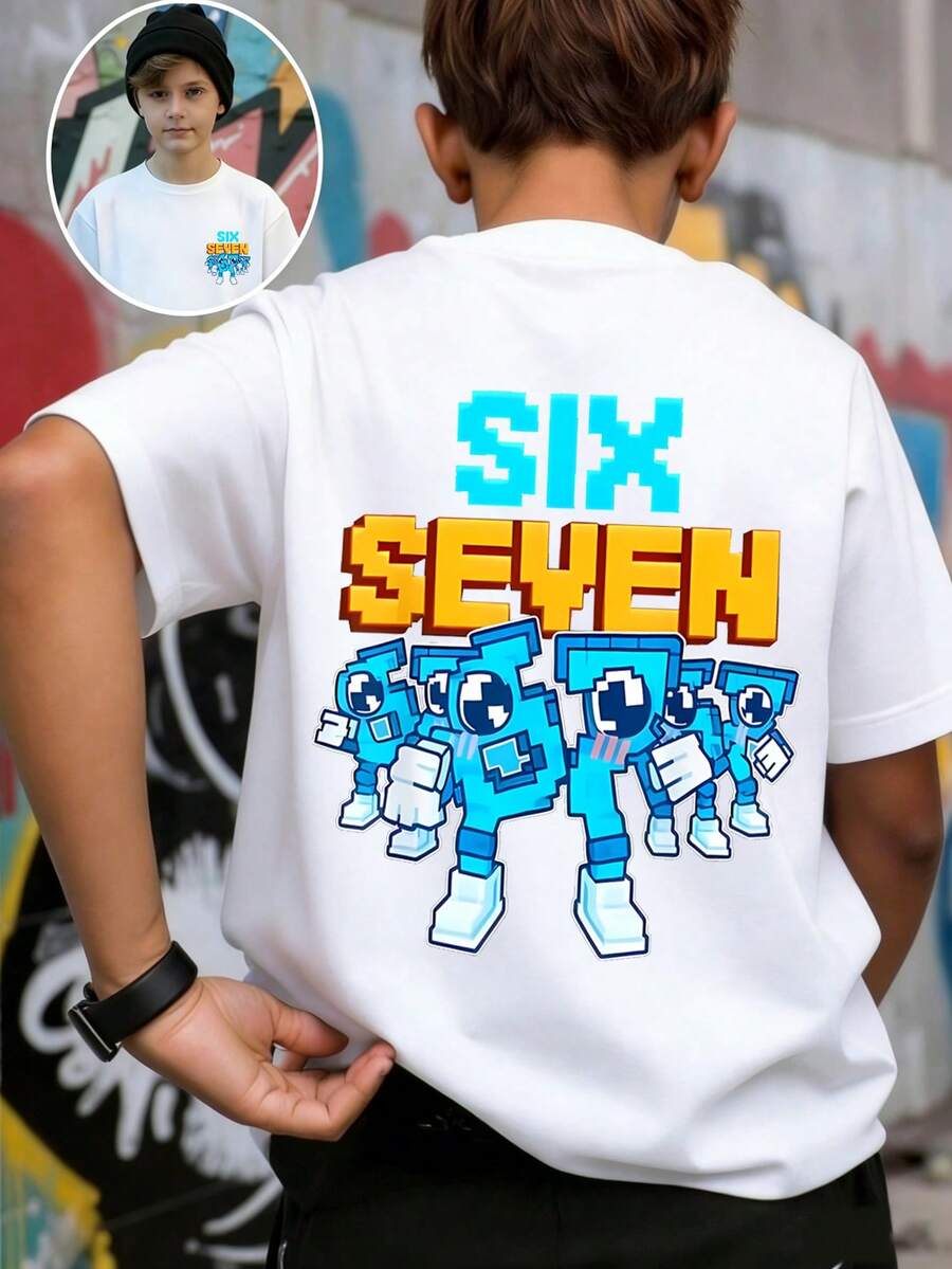 男童“意大利脑洞大开数字67”图案T恤,面料柔软舒适,时尚夏季男童上衣 - 白色 - 查看 1