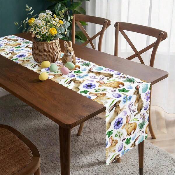 1 pieza Camino de mesa con estampado de conejo de Pascua, adecuado para decoración de mesa de comedor, fiestas interiores/exteriores, eventos de estilo granja. Disponible en múltiples tamaños.