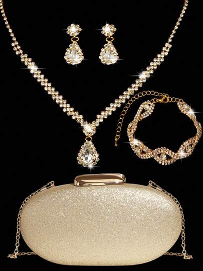 Rhinestone Jewelry Bling Necklace Neck Collar Earrings Bracelets Set For Gold Sparkling Glitter Elegant Envelope Bag,Romantic Wedding, Spring/Summer Chain Shoulder Bag, Bride Bag, Formal Prom Clutch, Elegant Evening Dress Bag, Perfect For Party Wedding Prom Dinner/Banquet, Matching With Holiday Party Dress Evening Dress