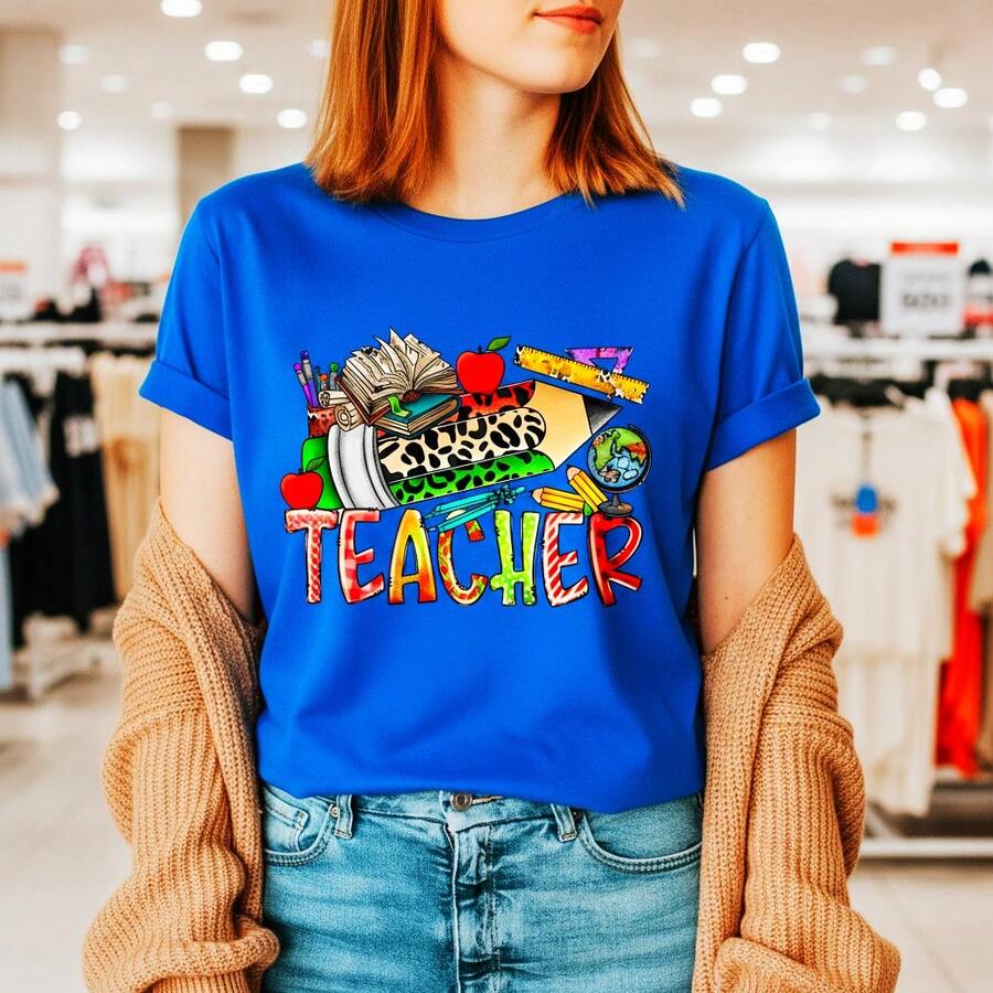 Women's Teacher Graphic Cotton T-Shirt, Short Sleeve Crewneck Casual Tee With School Supplies Print, Comfortable Loose Fit Top For Daily Wear, S-5XL Sizes Available - 藍色 - 查看 1