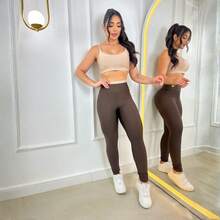 Women's Two-Tone Fitness Set - Pants And Cropped Top With Removable Padding - Gym Clothes - Premium Spandex - Beige and Dark Brown - View 1