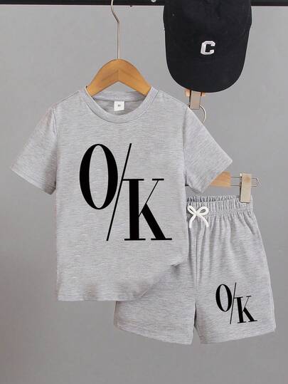 2pcs/Set Boys' Casual Multifunctional Minimalist Letter Print Short Sleeve T-Shirt And Shorts, Suitable For Outdoor, School, Vacation, Travel, Relaxation, Sunbathing And Other Summer Occasions