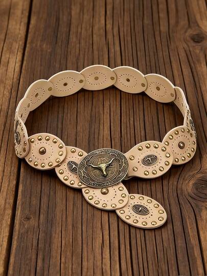 1pc BOHO Style Waist Belt For Women, Bohemian Punk Earth Bull Head Metal Rivet Oval Patchwork Beige Belt, Suitable For Skirts, Pants, Sweaters, Shirts, Coats, Party, Festival, Birthday, Valentine's Day Gift