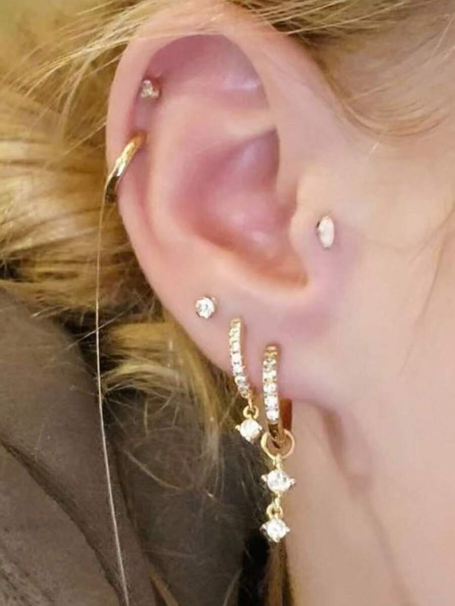 Set de 6 piezas de aretes minimalistas dorados, aretes colgantes y de botón con CZ brillantes para uso diario de mujeres - Amarillo Oro - Ver 1