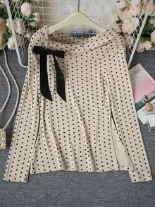 Women's Early Spring Casual Bow Off-Shoulder Polka Dot Apricot Sweet Gentle Elegant Fitted Long Sleeve Top, Suitable For Chinese New Year Outfit - Apricot - View 9