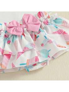 Half Way To One Newborn Baby Girls Birthday Outfits Letter Print Romper Bodysuit Top + Strawberry/Ice Cream/Orange/Watermelon Print Shorts + Bow Headband 3Pcs Clothes Set - 西瓜粉 - 查看 9