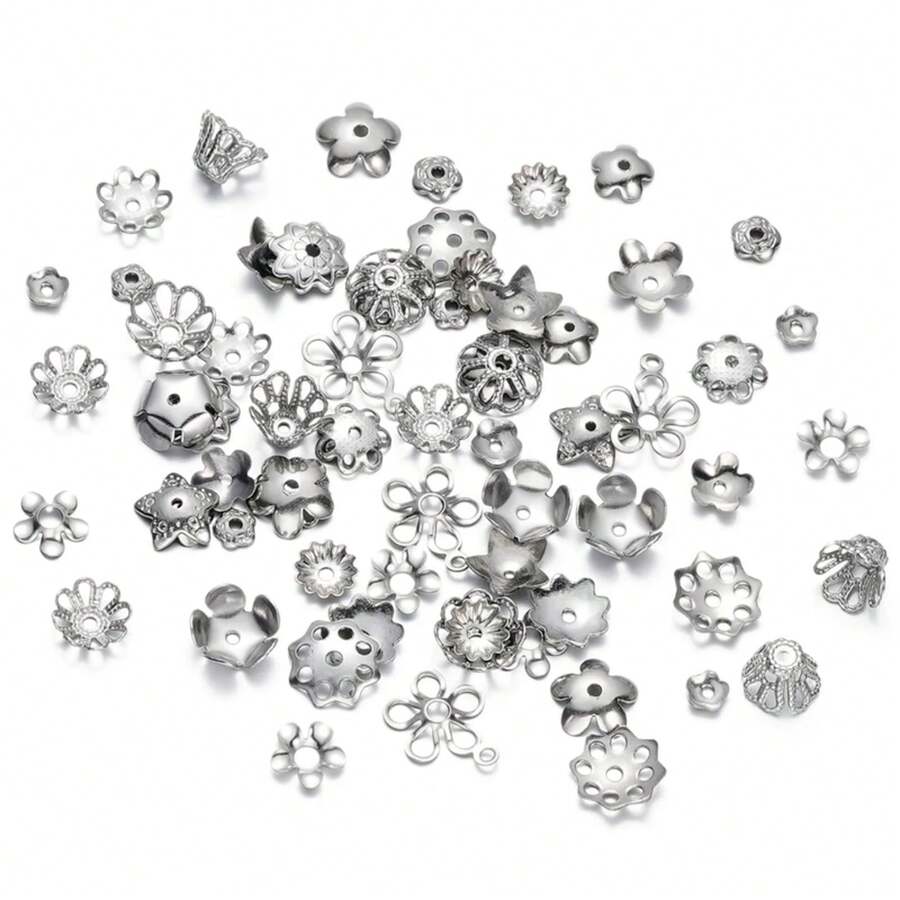 50 unids/lote 15 estilos de tapas de cuentas de flores de hojas de acero inoxidable para fabricación de joyería, tapas de cuentas espaciadoras de costura, accesorios ECSF - 05 - Ver 1