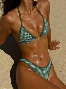 Bộ bikini kim loại kẻ caro gợi cảm phong cách Y2K 2026, áo hai dây + quần buộc dây, đồ bơi nữ, trang phục đi biển, đồ bơi xuyên thấu cho ngày Valentine, món đồ cần thiết cho kỳ nghỉ hè. - kẻ sọc xanh - Xem 1
