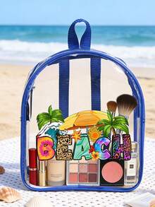 1pc Pvc Transparent Backpack Lightweight Large Capacity Fashion Backpack With "Beach" Pattern Printing, High Quality Clear School Bag For Students, Portable Outdoor Travel Backpack For Daily Commuting, Beach & Swimming Use, Stylish Carry Bag For Music Festivals, Summer Activities & Vacation, New Year Gift, Valentine'S Day Gift - Multicolor - View 4