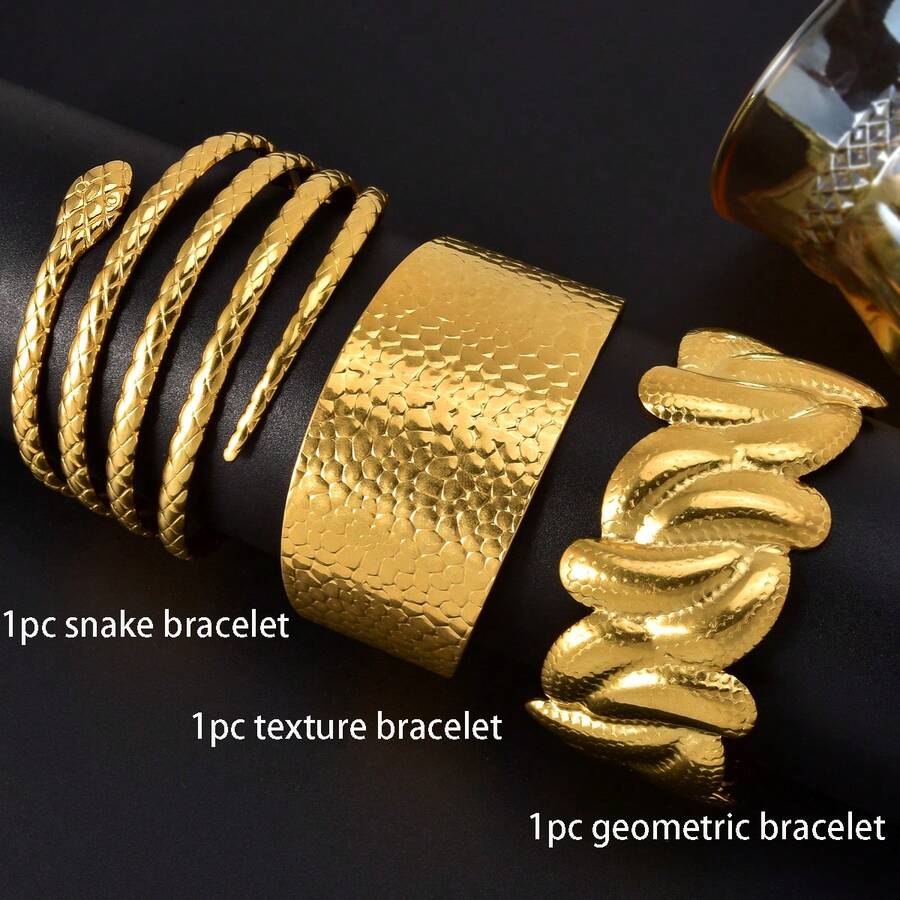 1pc Minimalist Fashion Multi Element Stainless Steel Gold Open Cuff Bracelet Old Money Style Women Versatile Everyday Jewelry - Gold - View 1