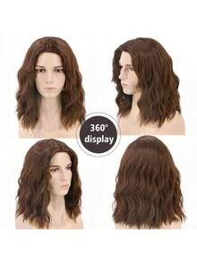 男士14英寸长波浪卷发假发 - 200克高密度耐热合成纤维，黑色和棕色可选，含假发帽，适合日常佩戴、角色扮演、万圣节和化装舞会等场合 - 彩色 - 查看 10
