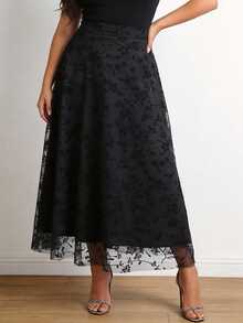 Falda plisada larga de línea A de gasa floral con cintura alta, holgada y que cubre las caderas, versátil, elegante, vintage, romántica y minimalista para uso diario, para mujer, nueva colección primavera-otoño, tallas grandes - Negro - Ver 3