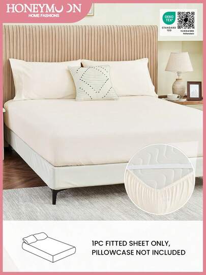 1pc Solid Color Fitted Sheet, Soft & Breathable Bedding, 4 Corner Elastic Bands, Fits 25cm Mattress, Suitable For Various Home & Dorm Sizes, OEKO-TEX Certified, Beige