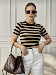 Modal Striped Short Sleeve Blouse With High Quality Elasticity - Beige - View 4