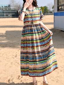 Đầm mùa hè dáng bohemian in hoa, xếp nếp, thanh lịch dành cho nữ, thích hợp đi biển. - Màu xanh nhạt - Xem 6