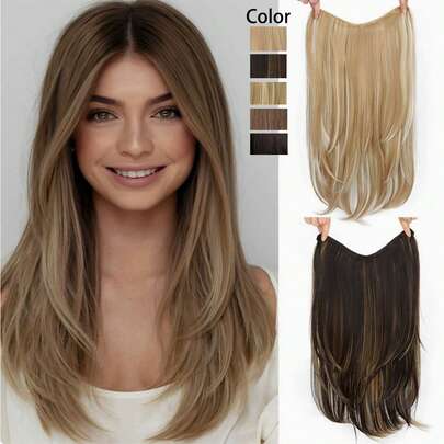 1pc U-Shaped Layered Curly Wig, Invisible Seamless Long Straight Hair Extension, Faux Leather Hairpiece