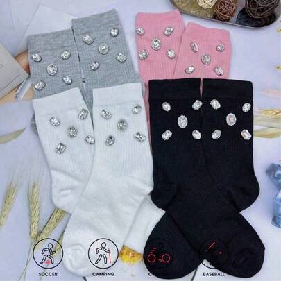 Women's Mid-Calf Stockings (1/2/3/4 Pairs), Stylish Solid Color Mid-Calf Stockings With Rhinestone Embellishments, Fashionable, , Soft And Comfortable, Suitable For All Seasons And Occasions, Including Birthdays, Dates, Valentine's Day, Travel, And Parties. A Perfect Christmas, Valentine's Day, And Mother's Day Gift For Women.