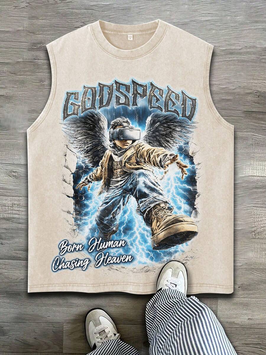 Sleeveless Printed T-Shirt, Y2K Style Street Fashion Men's Washed Vest (220g Pure Cotton), Vintage Pattern Fun Print, Hip-Hop Style, Men's Summer Round Neck Short-Sleeved Casual T-Shirt, Men's Summer Streetwear. - 杏色 - 查看 1