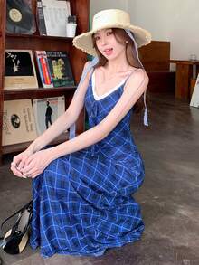 Klein Blue Plaid Midi Dress For Women, Summer, Sleeveless, Waist Cinched, Slimming Design - Blue - View 6