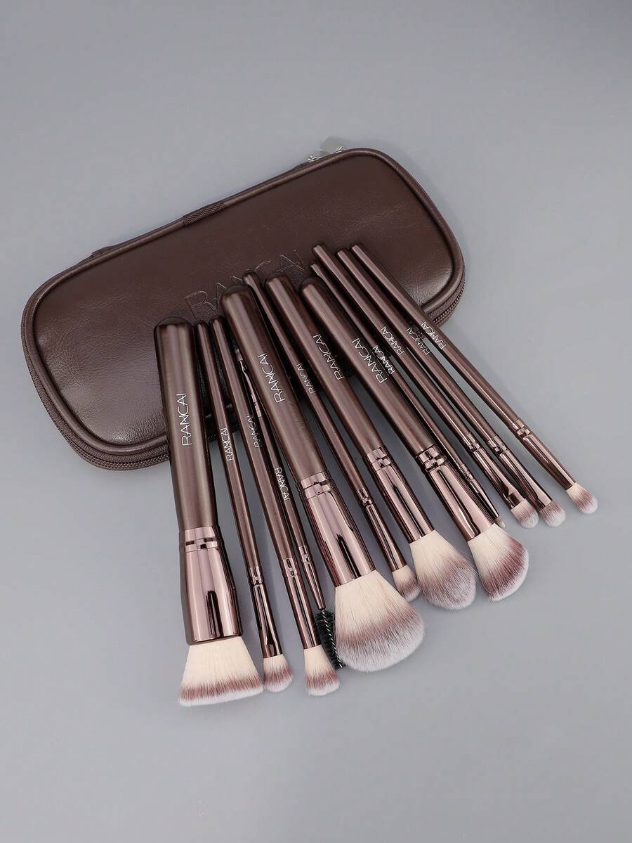 12支装化妆刷套装 双头化妆刷 双头斜角/圆头刷 粉底轮廓晕染眉刷 眼影遮瑕刷（咖啡色） - 棕色 - 查看 1