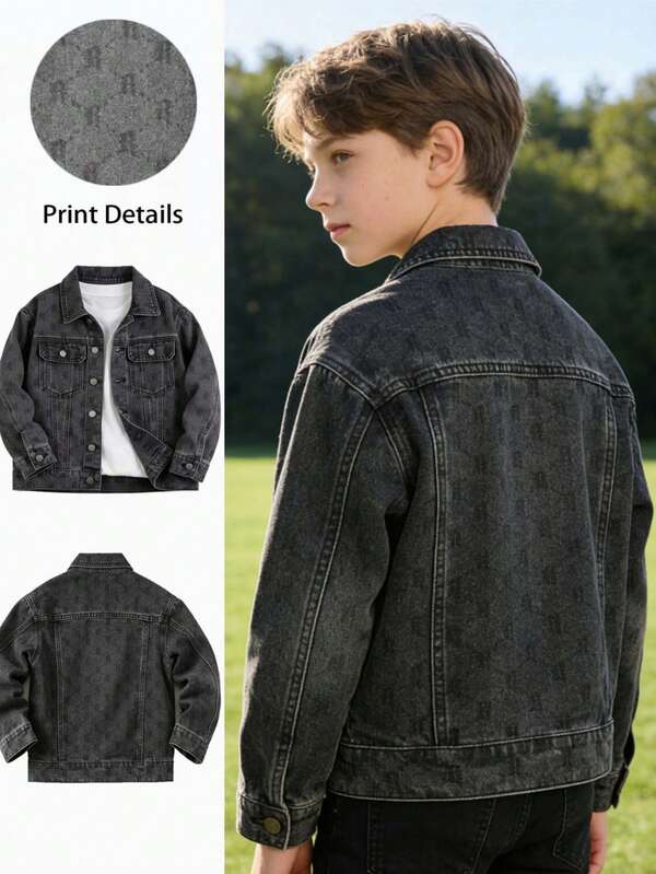 Tween Boy Black Denim Jacket, Vintage Print American Street Style Jean Coat, Casual Loose Trucker Jacket. Durable Clothes For Boys 8-12 Years Old. For Back To School, Skating And Outdoor Activities. Spring Fall Outerwear. Perfect Birthday Gift For Kids.