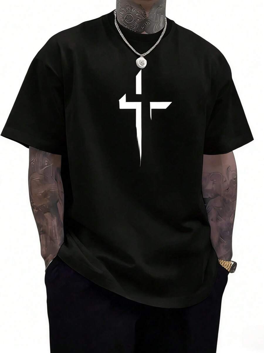 Camiseta de cuello redondo manga corta para hombre, estampado minimalista geométrico, confección ergonómica ajuste cómodo, versátil para uso diario casual salidas informales reuniones amigos actividades diarias, ligera transpirable corte moderno silueta slim, ideal para temporada primavera verano, combinable con jeans shorts pantalones chinos, diseño sencillo elegante duradero práctico - negro - Ver 1