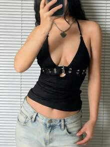 Women's Hot GIrls Halter Tank Top Cami Top Sleeveless Deep V Neck Crop Top Tie Up Backless Cami Camisole Tube Top Bustier Clubwear - màu đen - Xem 4