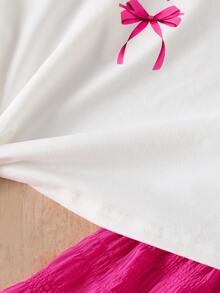 Girls' Fashion Round Neck Short Sleeve Printed Top And Elastic Waist Layered Ruffle Hem Long Skirt 2 Pieces Set, Spring/Summer - Hot Pink - View 6