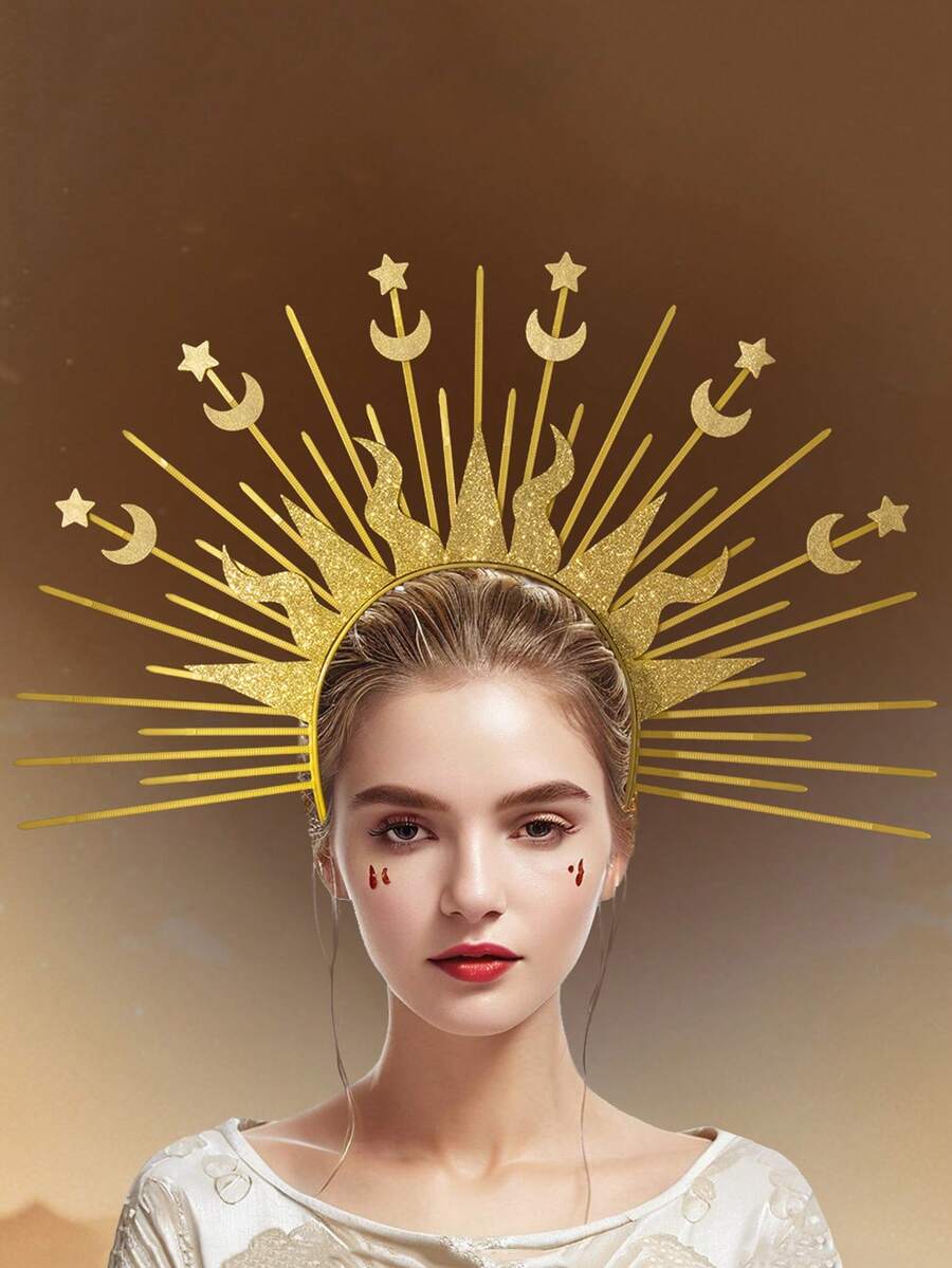 Sun Crown - Moon Star - Greek Goddess Golden Halo Headband, Crown Headpiece, Mary Headpiece, Renaissance Festival Wedding Role-Playing Accessories - Multicolor - View 1