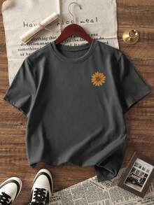 1pc Girls' Casual Sunflower Print Round Neck Short Sleeve T-Shirt, Summer Student Youth Clothing - Dark Grey - View 4