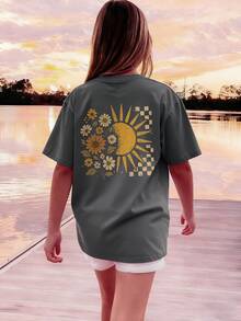 1pc Girls' Casual Sunflower Print Round Neck Short Sleeve T-Shirt, Summer Student Youth Clothing - Dark Grey - View 1