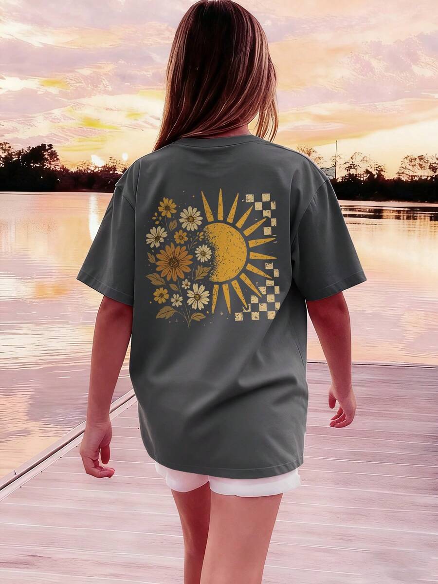 1pc Girls' Casual Sunflower Print Round Neck Short Sleeve T-Shirt, Summer Student Youth Clothing - Dark Grey - View 1