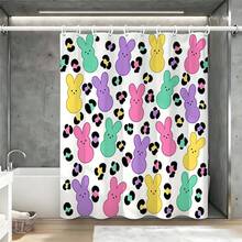 Rideau de douche de Pâques au lapin pastel, imprimé léopard, imperméable et résistant à la moisissure, sans installation de perçage, rideau de salle de bain printanier festif pour enfants - Rose violet - Voir 5