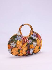1 chiếc túi xách nữ kiểu dáng cổ điển, quai tre, đáy lưới bằng vải lanh, họa tiết hoa xếp ly và mây, chất liệu PVC nhiều màu sắc, thêu họa tiết mây, quai xách bằng tre, phong cách thời trang mùa hè nghỉ mát (Họa tiết hoa ngẫu nhiên) - trái cam - Xem 3