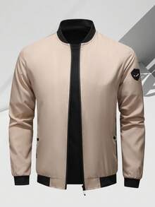 Men's Stand Collar Zip-Up Baseball Jacket, Bomber Jacket Spring - Khaki - View 3