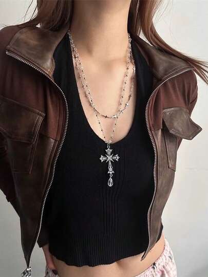 Y2K 多层串珠十字架项链，朋克哥特风复古颈链