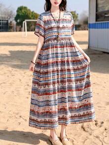 波西米亚风印花荷叶边下摆休闲优雅夏季沙滩连衣裙 - 杏色 - 查看 4