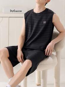 AICJ 2pcs Men's Solid Color Casual Loose Basic Round Neck Sleeveless Top, Striped Shorts Pajama Set For Spring & Summer Loungewear - Black - View 3