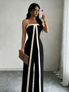 Women's Striped Jumpsuit, Elegant And High Quality, High Waist, Loose Fit, Stylish And Casual. H-14 - màu đen - Xem 2