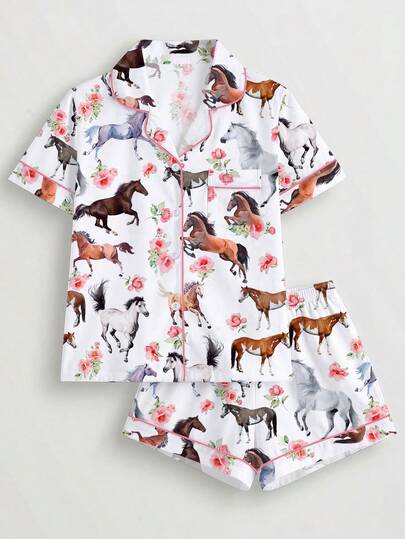 Set de pijama de 2 piezas con estampado de caballo para mujeres, camisa de manga corta con cuello y botones, shorts sueltos con cintura elástica, pueden usarse al aire libre, adecuado para fiestas, hogar, uso casual, todas las estaciones