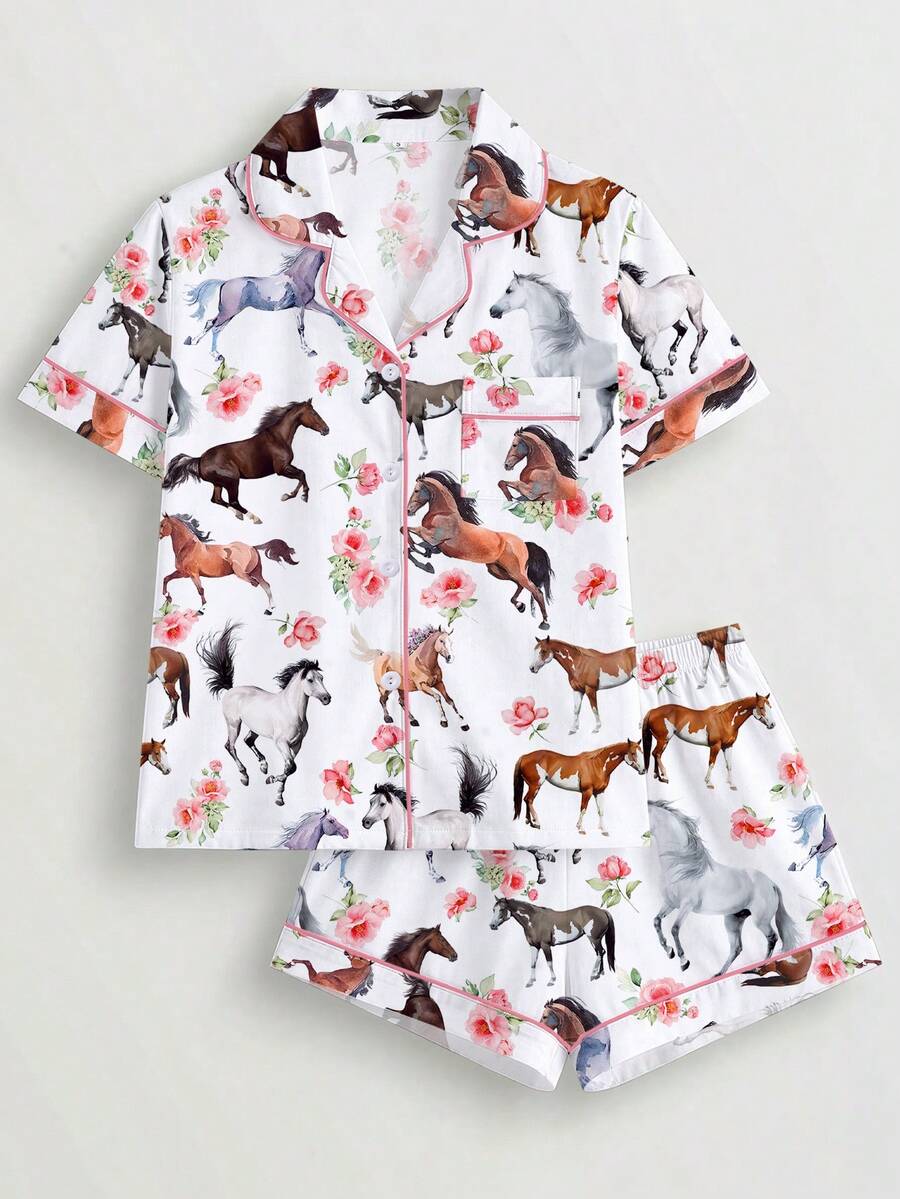 2 Stücke Pyjama-Set mit Pferdedruck für Frauen, Kurzarmhemd mit Kragen & Knöpfen, Shorts mit elastischem Bund, lässig, geeignet für Outdoor, Urlaubsparty, Zuhause, Ganzjährig - Weiss - Übersicht 1